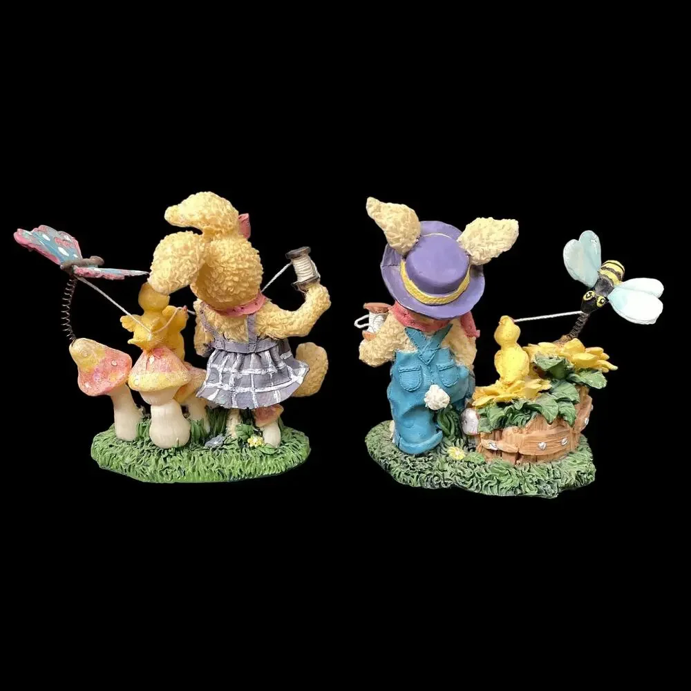 Resin Bunny Rabbit Pair with Bumblebee & Butterfly on Spring Vintage Decor